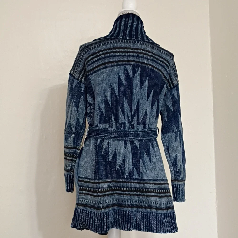 Lucky Brand Blue Heavy Knit Nordic Belted Cardigan Sweater Jacket Size M NWT - Picture 3 of 11